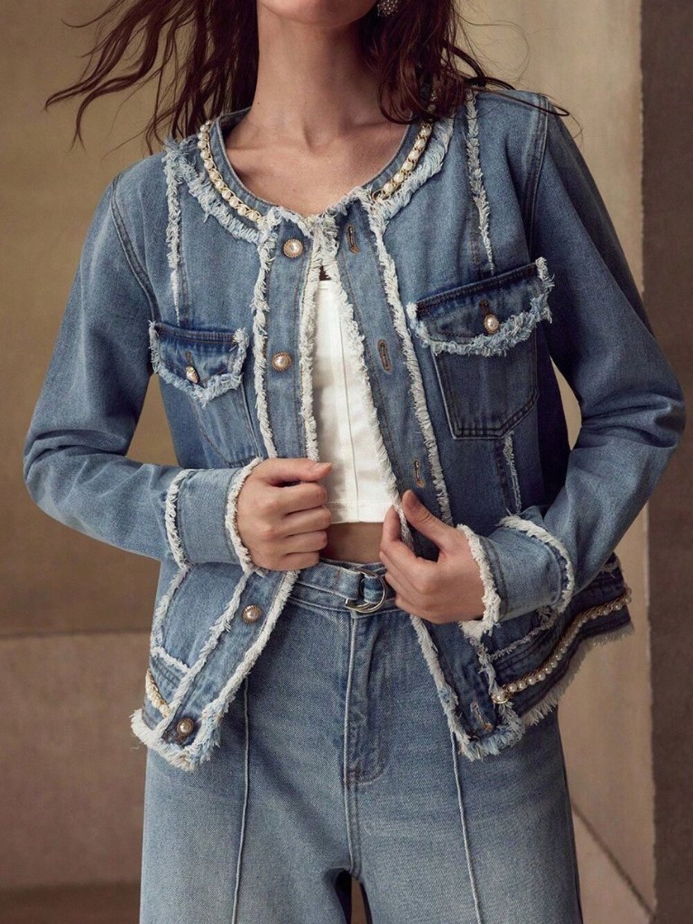 Blue Casual Women's Faux Pearl Chain Detail Raw Edge Flap Pocket Denim Jacket - Picture 3 of 6